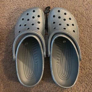 Silver sparkly crocs